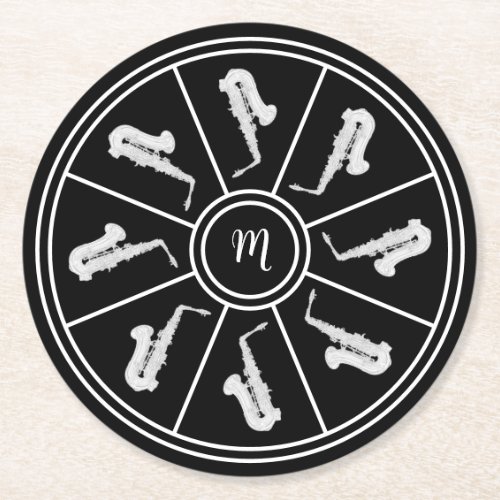 Black and white motif with saxophones and monogram round paper coaster
