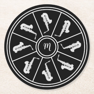 Black and white motif with saxophones and monogram round paper coaster