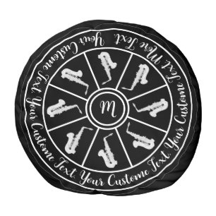 Black and white motif with saxophones and text pouf