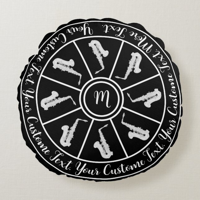 Black and white motif with saxophones and text round pillow (Front)