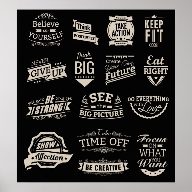 Black and White Motivational Badges Poster (Front)