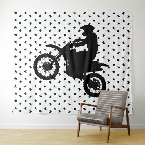 Black and White Motocross Bike and Stars Tapestry