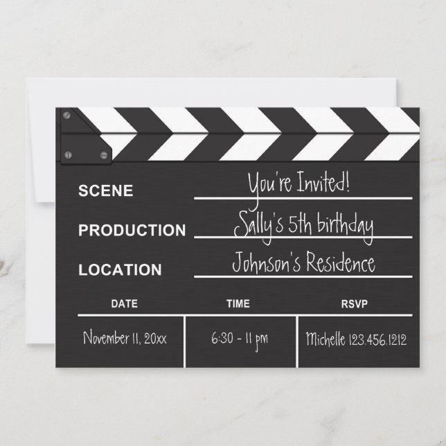 Black and White Movie Clapboard Birthday Invites (Front)