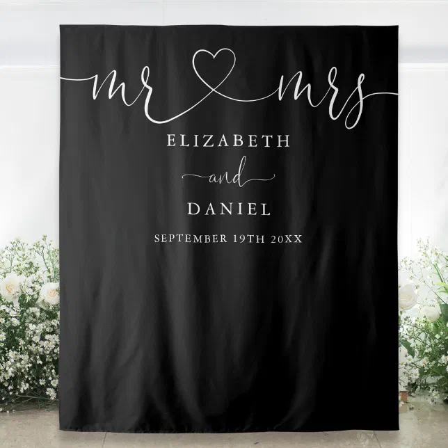 Black And White Mr And Mrs Heart Script Wedding Tapestry | Zazzle