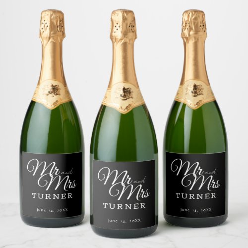 Black and White Mr and Mrs Wedding Sparkling Wine Label