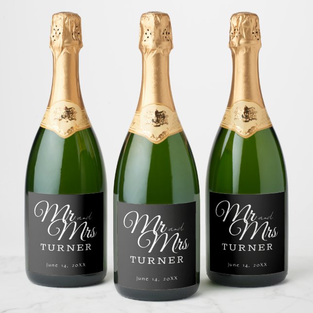 Black and White Mr and Mrs Wedding Sparkling Wine Label (Bottles)