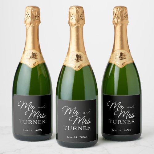 Black and White Mr and Mrs Wedding Sparkling Wine Label