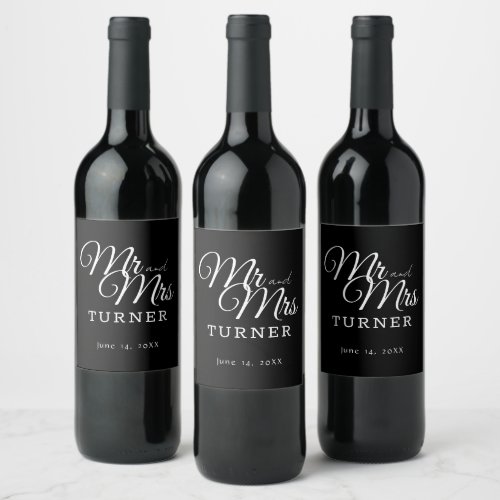 Black and White Mr and Mrs Wedding Wine Label