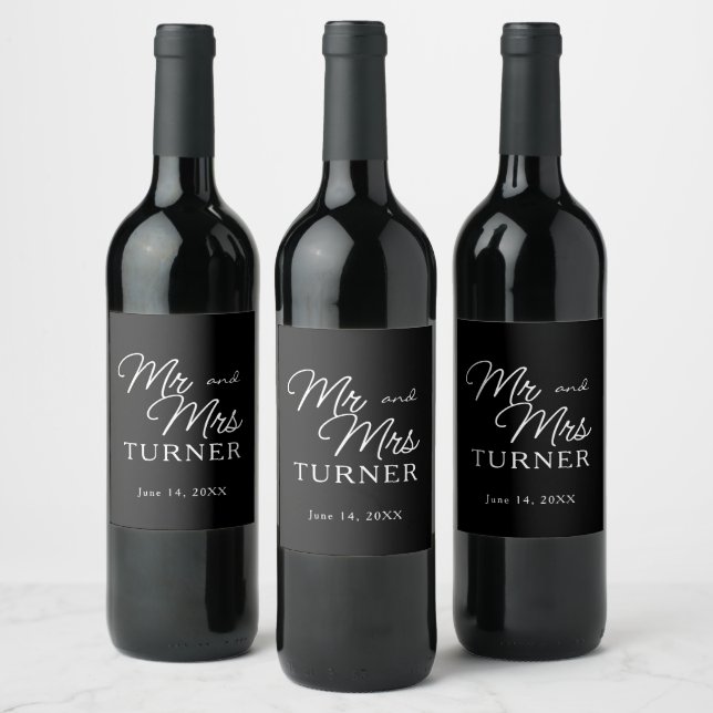 Black and White Mr and Mrs Wedding Wine Label (Bottles)