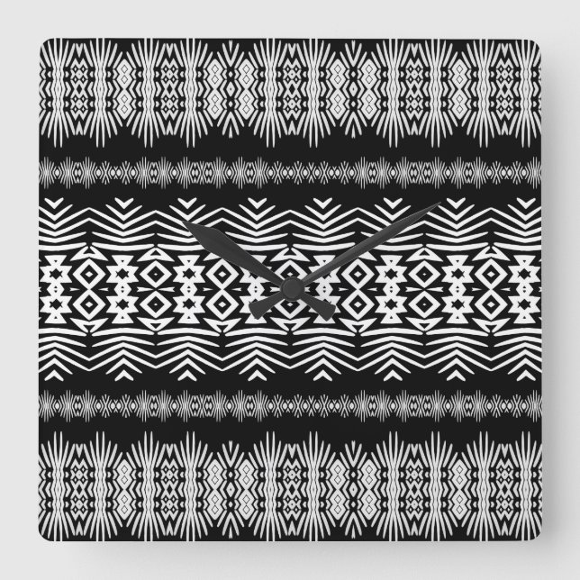 Black and White Mud Cloth Square Wall Clock (Front)