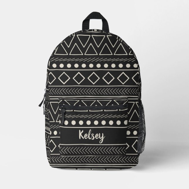 Black and White Mudcloth Monogram Name Printed Backpack (Front)