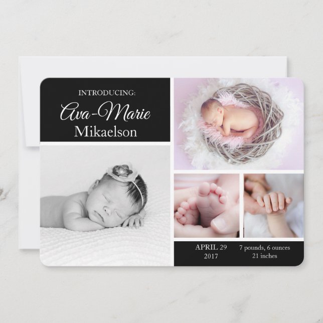 Black and White Multi Photo Birth Announcement (Front)