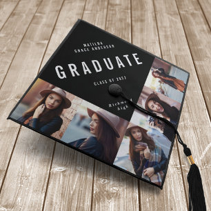 Black and white multi photo modern contemporary graduation cap topper