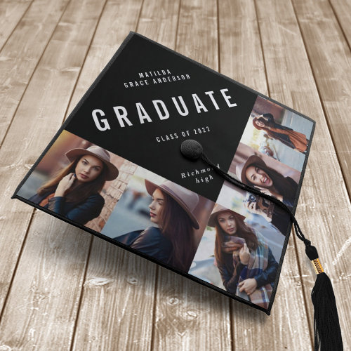 Black and white multi photo modern contemporary graduation cap topper