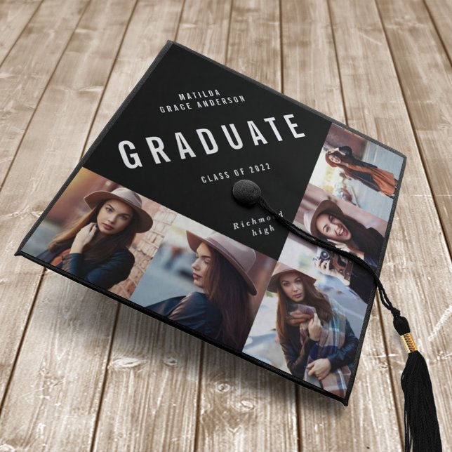 Black and white multi photo modern contemporary graduation cap topper (Creator Uploaded)