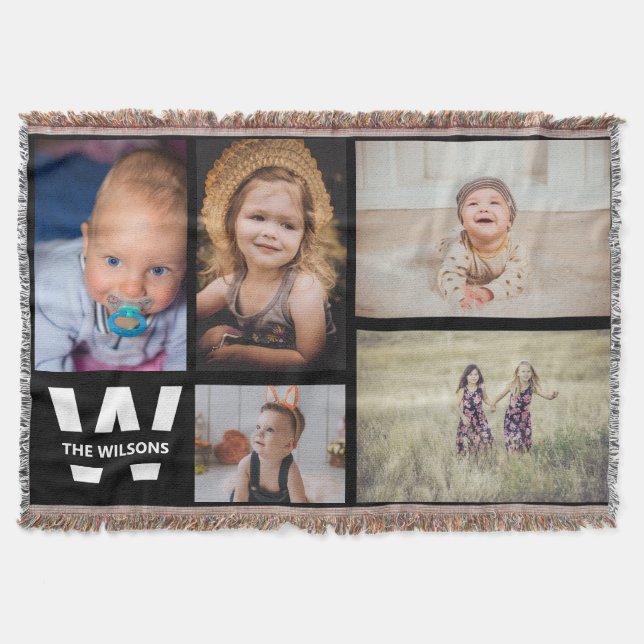 Black and White Multiple Photos Custom Monogram Throw Blanket (Front)