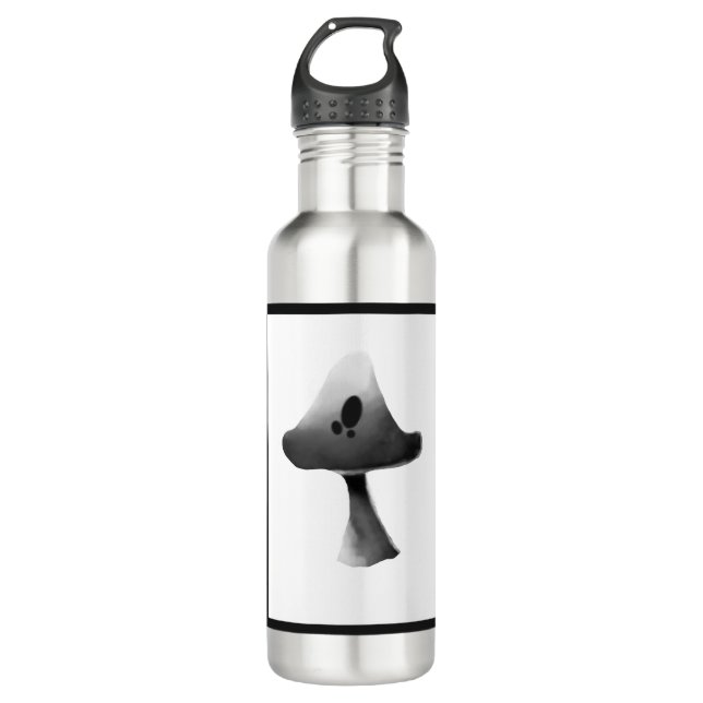 Black and White Mushroom Illustration Cartoon Stainless Steel Water Bottle (Front)