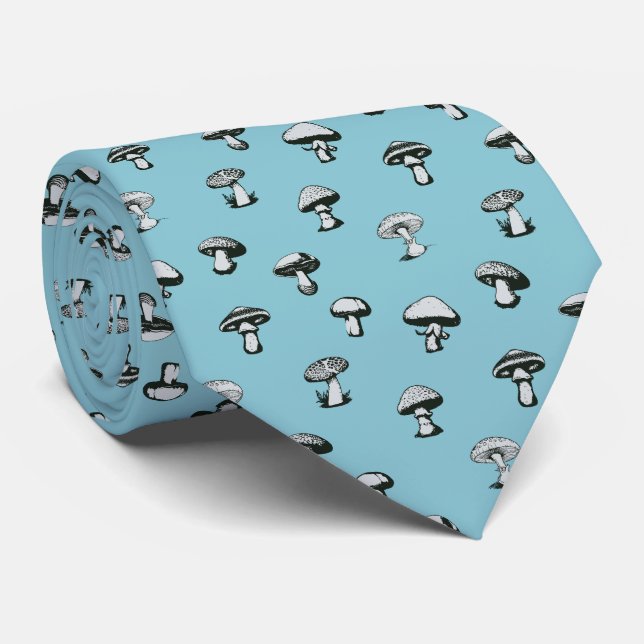 Black and White Mushrooms on Solid Blue Background Neck Tie (Rolled)