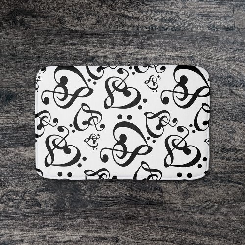 Black And White Music Note Clef Hearts Pattern Bathroom Mat