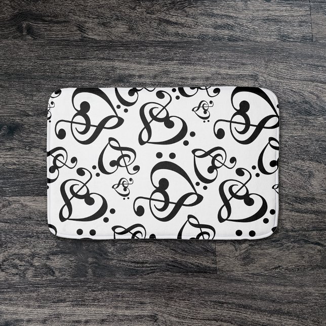 Black And White Music Note Clef Hearts Pattern Bathroom Mat (Creator Uploaded)