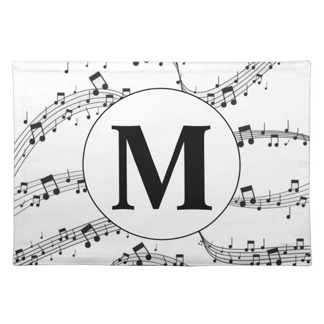 Black and White Music Note Monogram  Cloth Placemat (Front)
