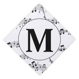 Black and White Music Note Monogram Graduation Cap Topper