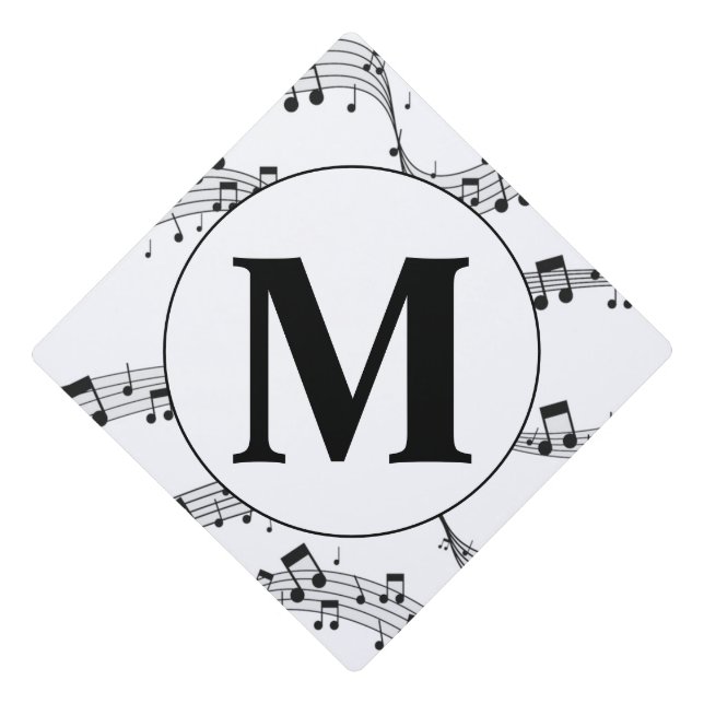 Black and White Music Note Monogram Graduation Cap Topper (Front)