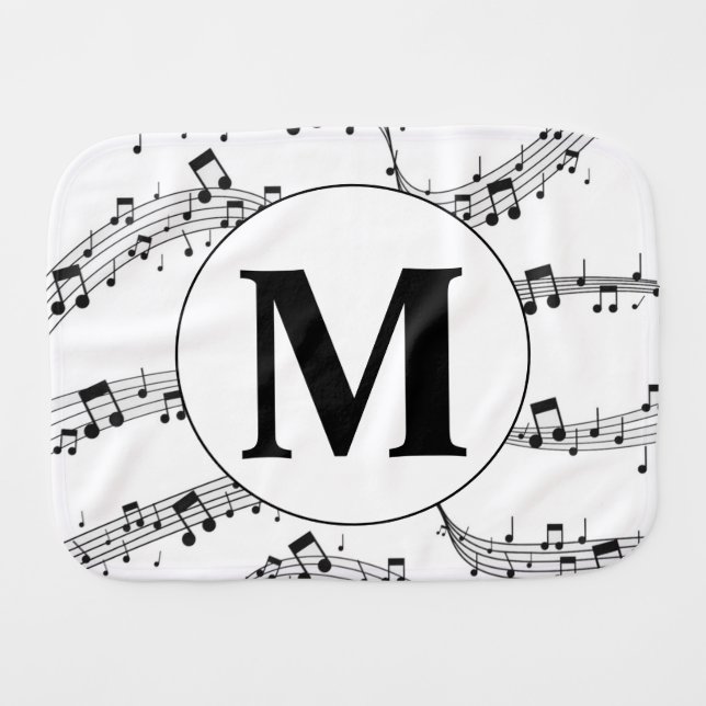 Black and White Music Note Monogram Pacifier Baby Burp Cloth (Front Horizontal)