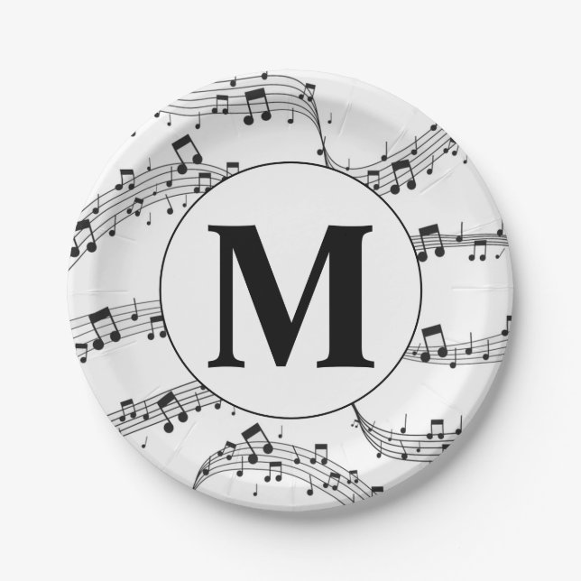 Black and White Music Note Monogram  Paper Plates (Front)