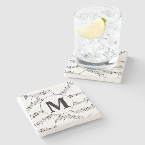 Black and White Music Note Monogram Stone Coaster