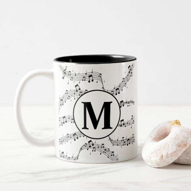 Black and White Music Note Monogram  Two-Tone Coffee Mug (With Donut)