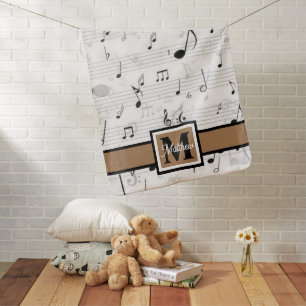 Black and white Music note Musician Monogram Baby Blanket