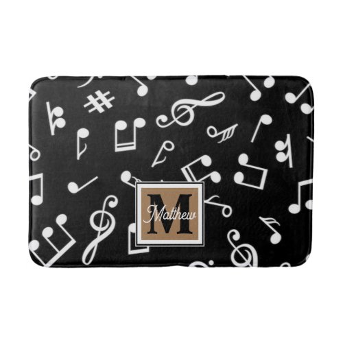 Black and White Music Note Musician Monogram   Bath Mat