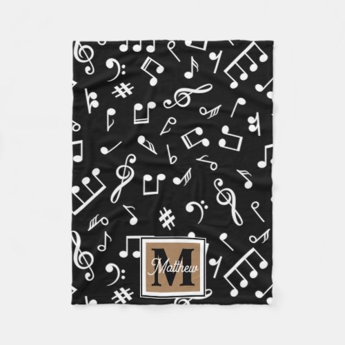 Black and White Music Note Musician Monogram   Fleece Blanket