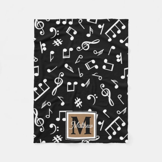 Black and White Music Note Musician Monogram   Fleece Blanket (Front)