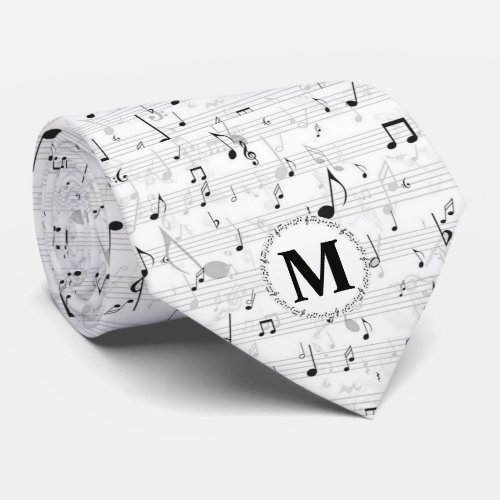 Black and white Music note Musician Monogram Neck Tie