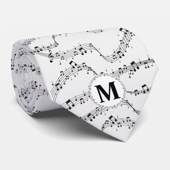 Black and White music note musician monogram Neck Tie (Rolled)