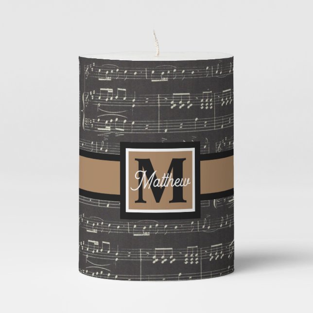 Black and white Music note Musician Monogram   Pillar Candle (Front)