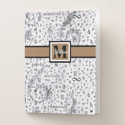 Black and white Music note Musician Monogram   Pocket Folder
