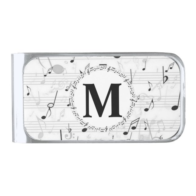 Black and white Music note Musician Monogram  Silver Finish Money Clip (Front)