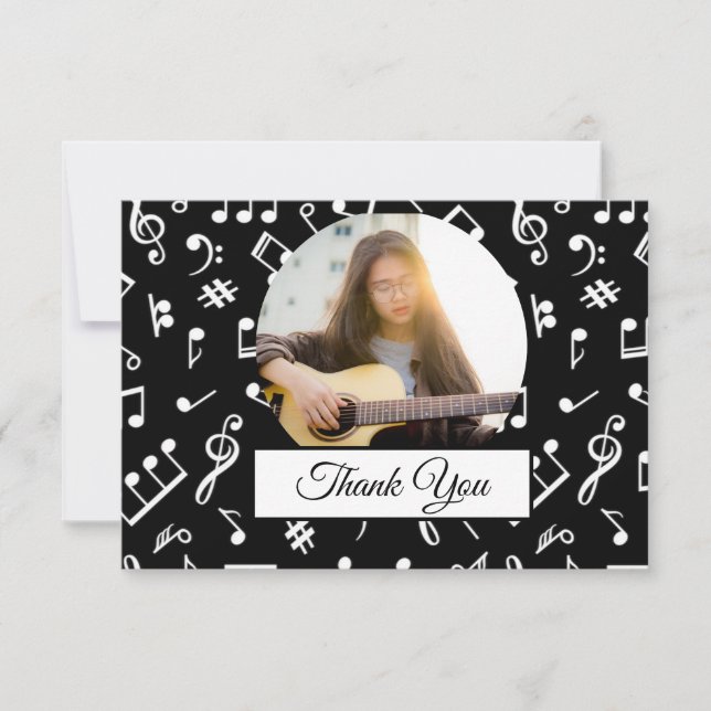 Black and White Music Note Pattern  Musician Photo Thank You Card (Front)