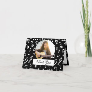 Black and White Music Note Pattern Musician Photo Thank You Card
