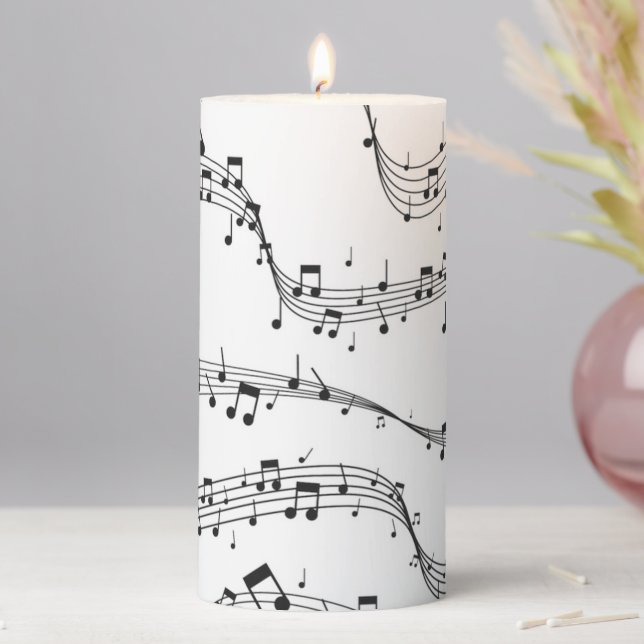 Black and White music note Pattern musician   Pillar Candle (In Situ)