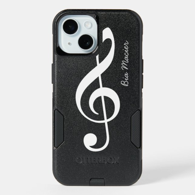 black and white music note with name iPhone 15 case (Back)