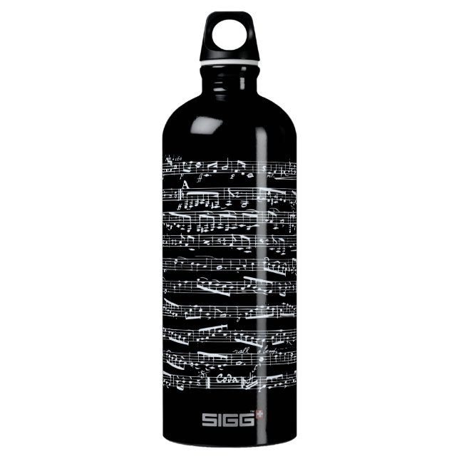 Black and white music notes aluminum water bottle (Front)