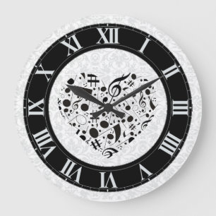 Black and White Music Notes Heart Wall Clock