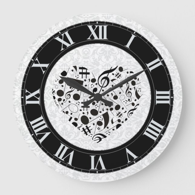 Black and White Music Notes Heart Wall Clock (Front)