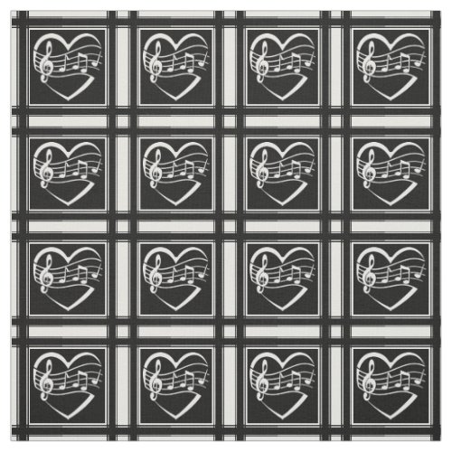 Black and White Music Notes Hearts and Stripes Fabric