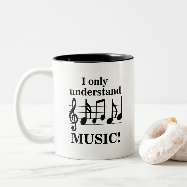 Black and White Music Notes Musician  Two-Tone Coffee Mug (With Donut)