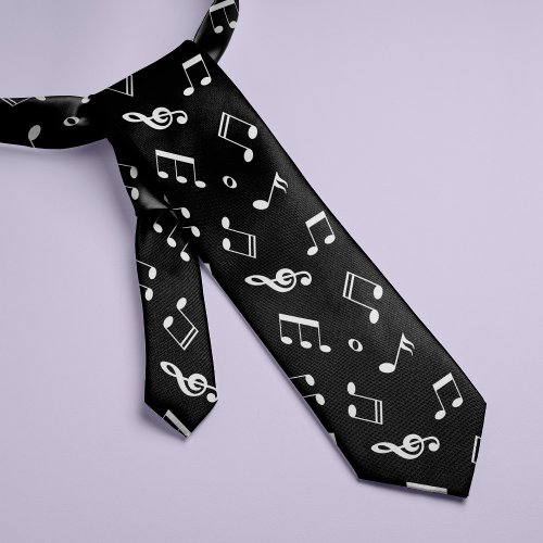 Black and White Music Notes Pattern Neck Tie